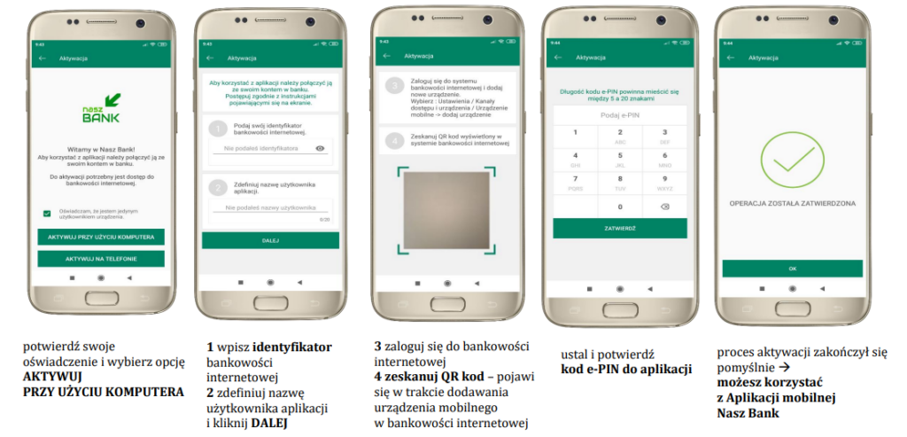 4 kroki w aplikacji: 1. Potwierdź swoje oświadczenie i wybierz opcję Aktywuj przy użyciu komputera, 2. wpisz identyfikator bankowości, zdefiniuj nazwę użytkownika, 3. zaloguj się do bankowości internetowej, 4. zeskanuj QR code, ustal kod e-PIN. Możesz korzystać z aplikacji