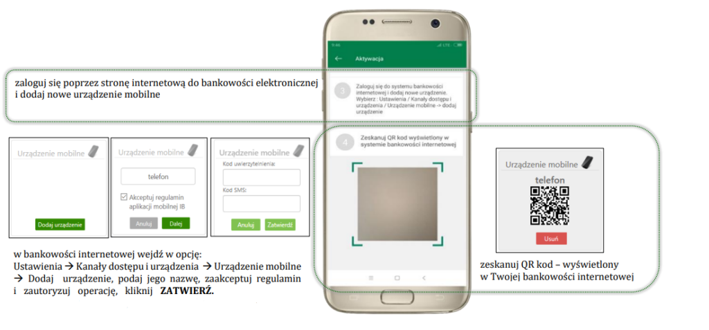 Zaloguj się poprzez stronę do bankowości elektronicznej, dodaj nowe urządzenie mobilne, w bankowości wejdź w opcję ustawienia, następnie kanały dostępu i urządzenia, urządzenie mobilne, a następnie dodaj urządzenie i podaj dane: nazwę, zaakceptuj regulamin i zatwierdź